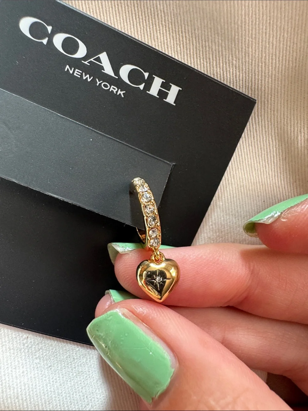 Coach Gold Crystal Heart Huggie Earrings - Gold - Picture 2 of 2
